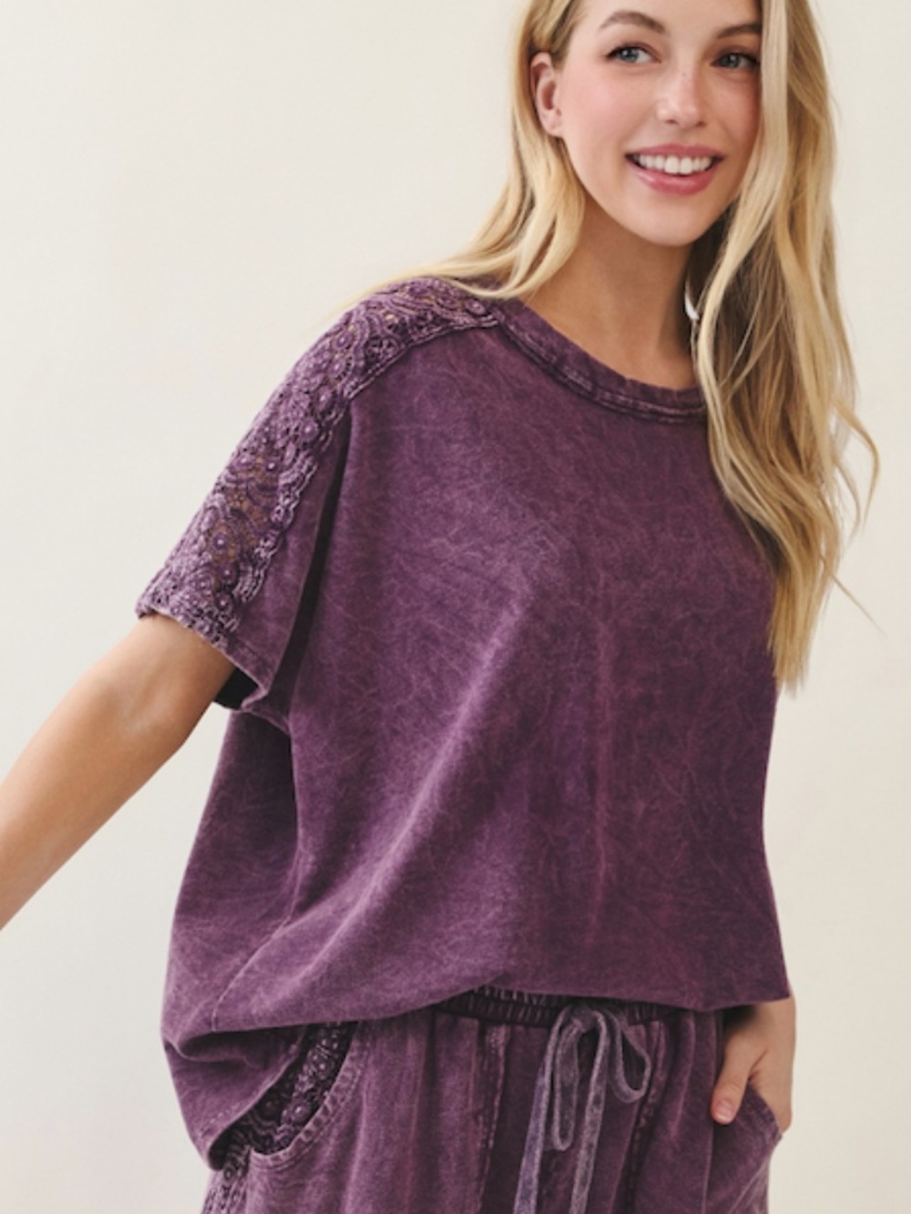 "The Ube" TOP Plum Mineral wash Top with Crochet Lace Detail